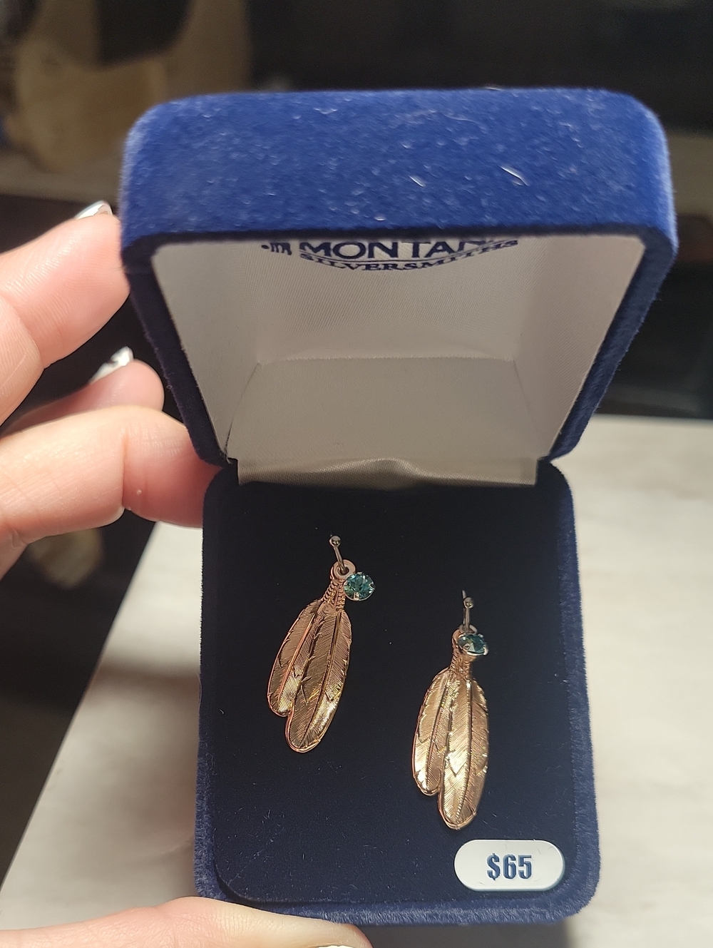 Montana Silversmiths Gold Feather Earrings with Teal Stone